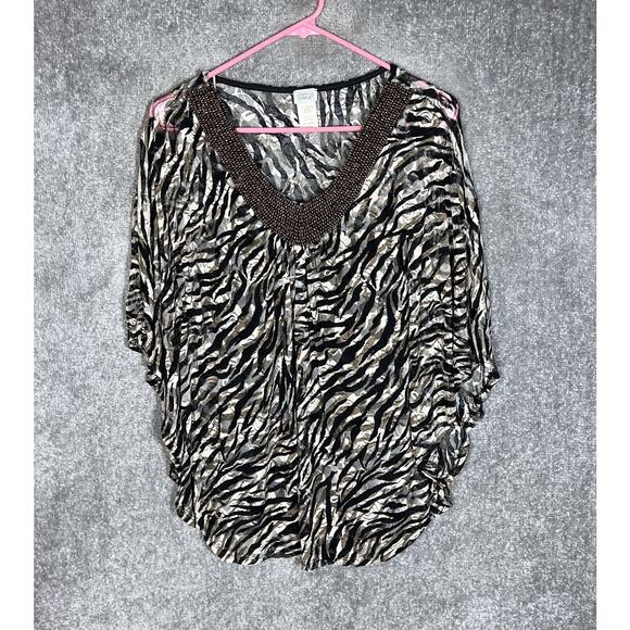 Charming Charlie Lace Overlay Animal Print Kimono Sleeve Poncho Top Womens Sz M - Picture 1 of 8